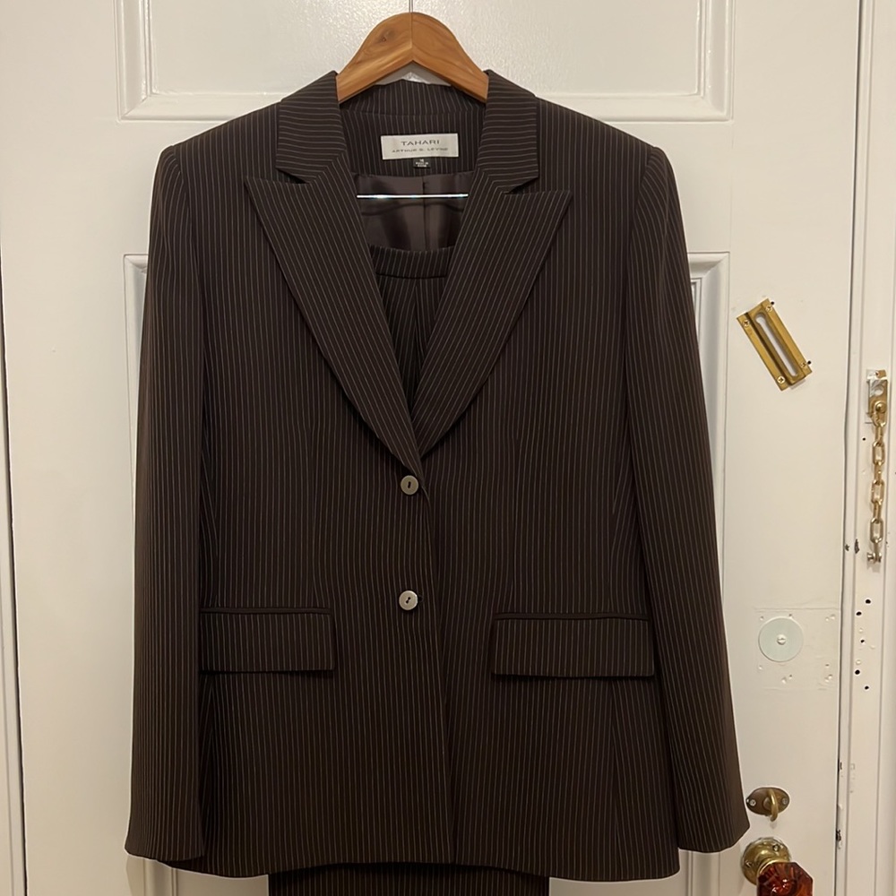 Tahari  Brown Pinstripe Pant Suit - Picture 2 of 10